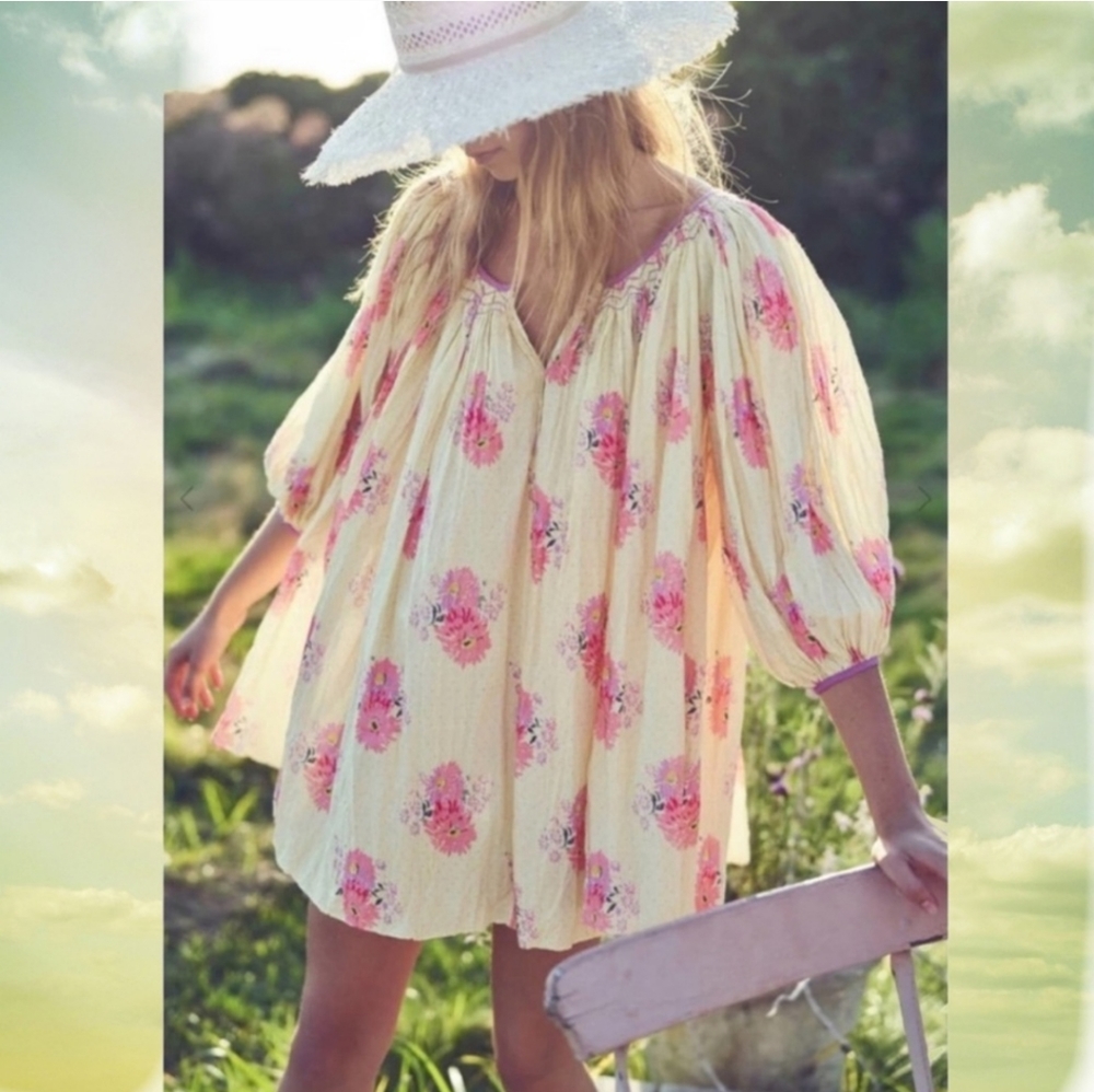 Loveshackfancy Este Yellow Floral Tunic Mini Dress S